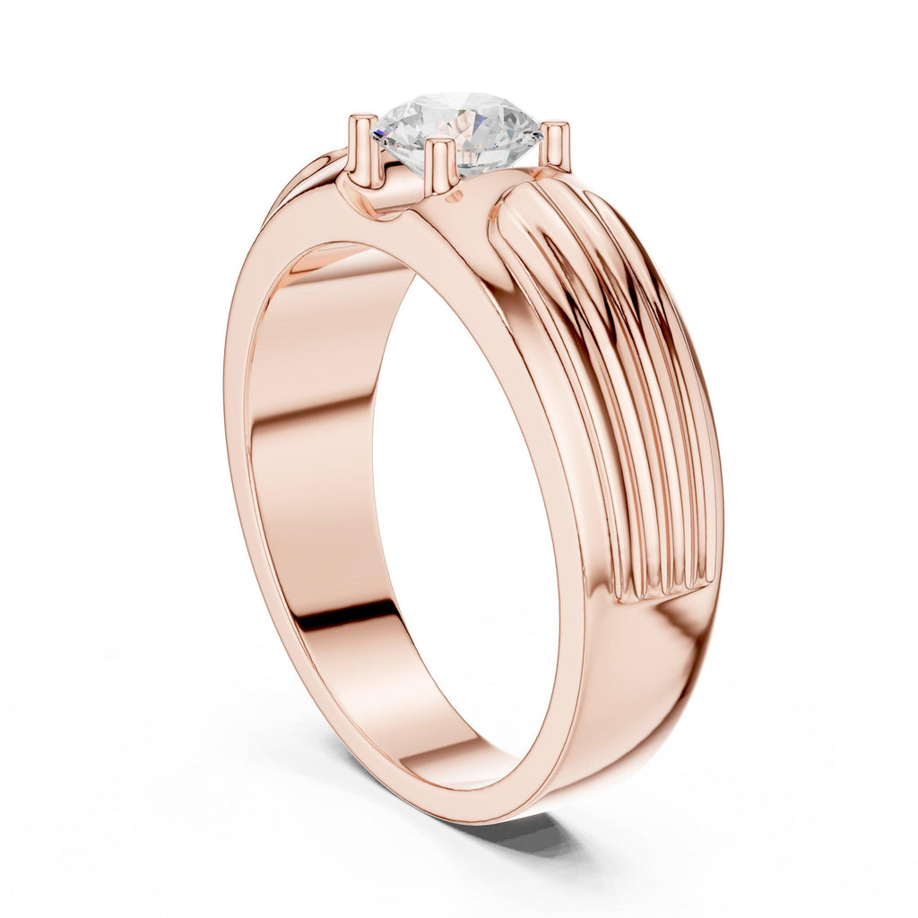 Men's Round Moissanite Solitaire Ring, Grooved Shoulders – 925 Sterling Silver, 18K Gold Vermeil