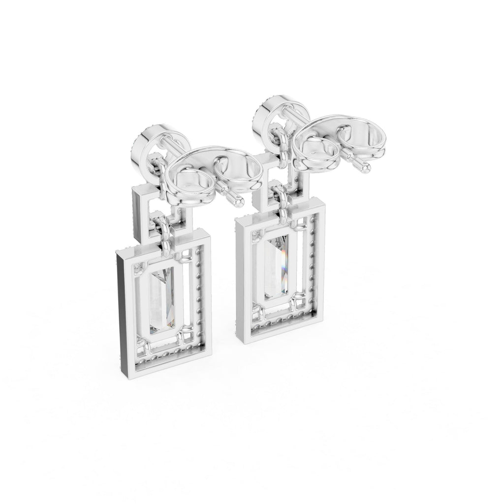 Emerald-Cut Moissanite Geometric Halo Drop Earrings – 925 Sterling Silver, 18K Gold Vermeil
