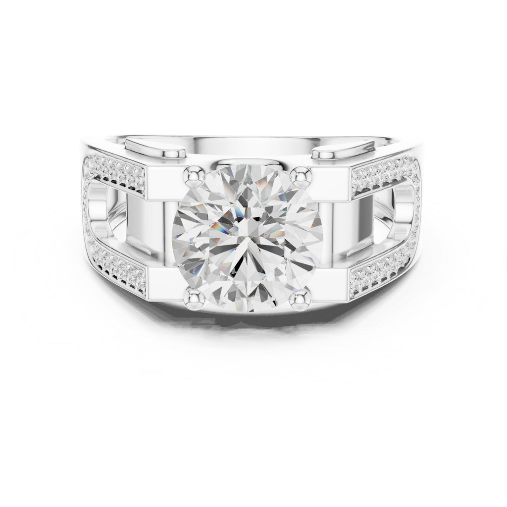 Men's Round Moissanite Ring with Pavé Horseshoe Shoulders – 925 Sterling Silver, 18K Gold Vermeil