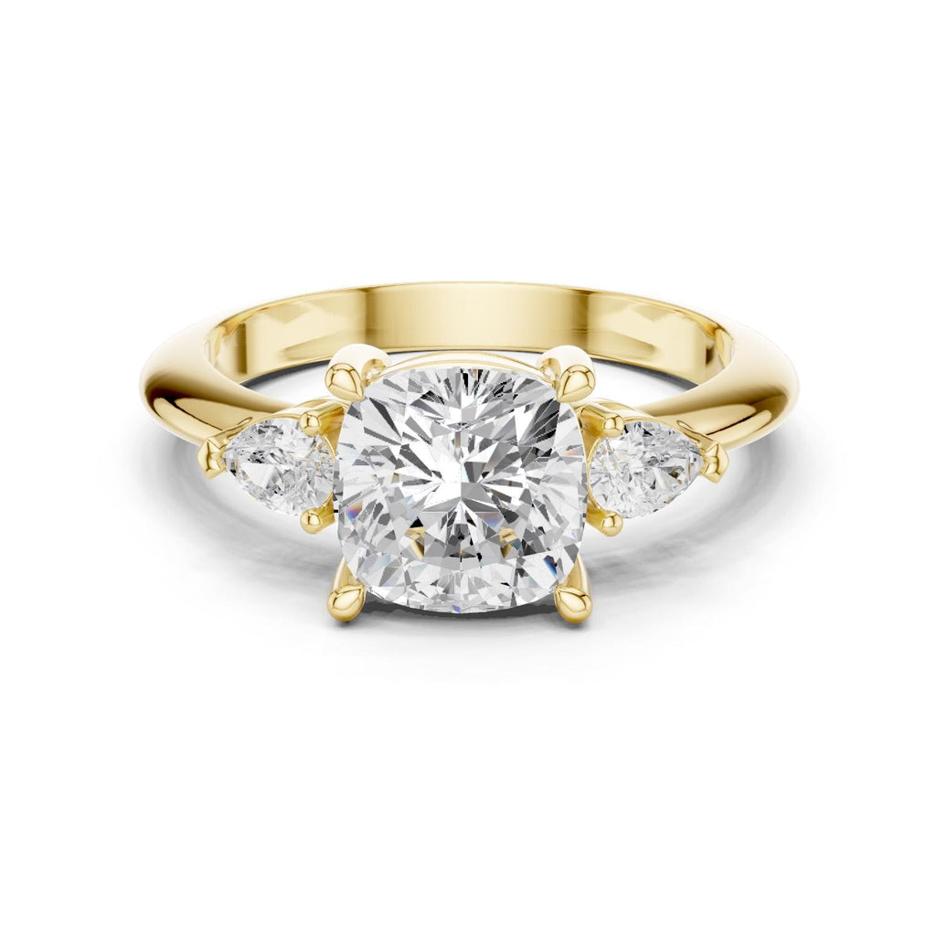 Cushion Moissanite Three-Stone Ring with Pear Side Stones – 925 Sterling Silver, 18K Gold Vermeil