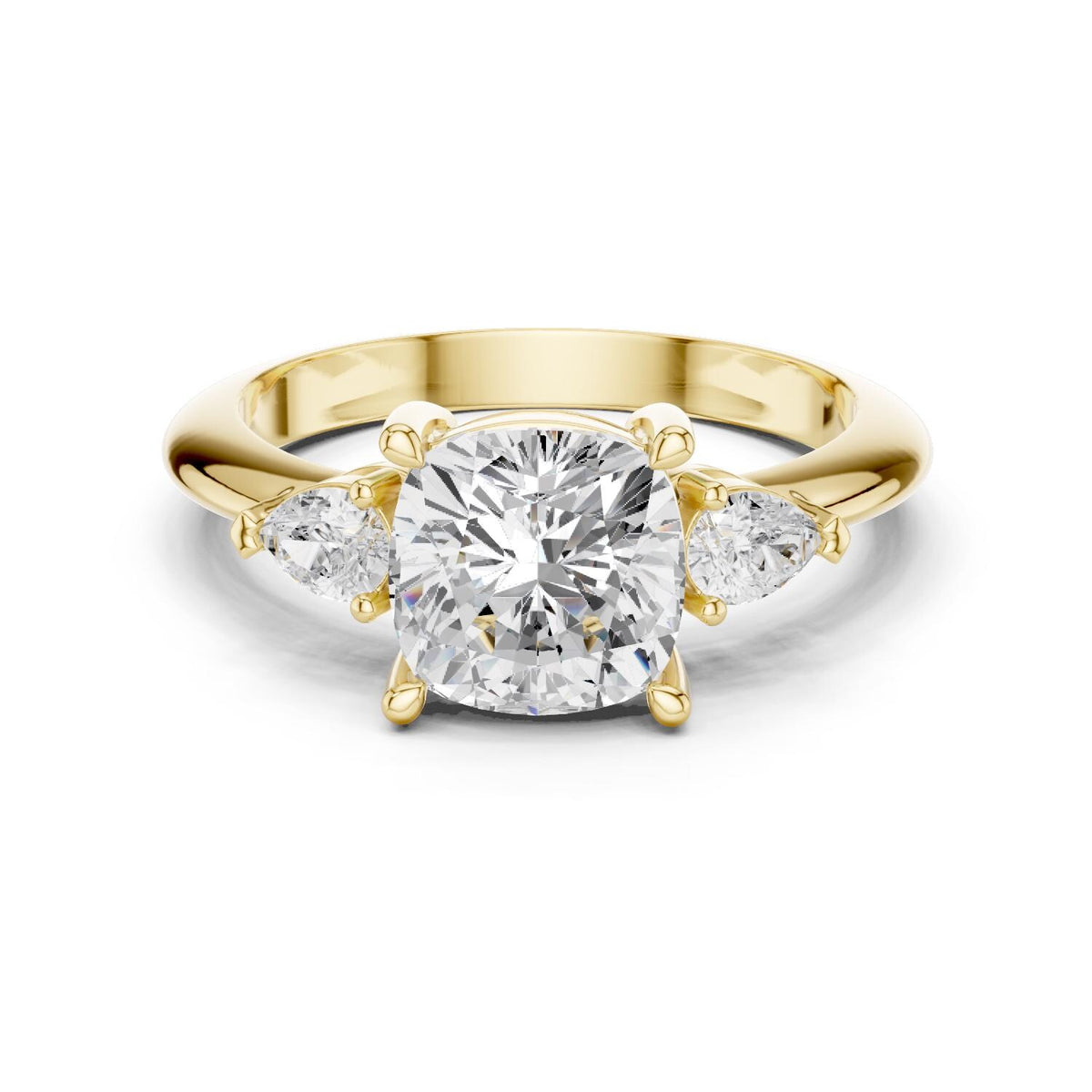 Cushion Moissanite Three-Stone Ring with Pear Side Stones – 925 Sterling Silver, 18K Gold Vermeil