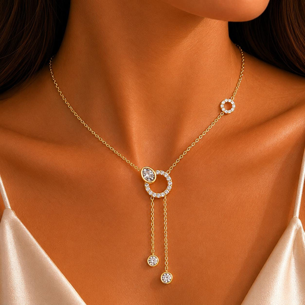 Round & Oval Moissanite Circle Lariat Necklace – 925 Sterling Silver, 18K Gold Vermeil