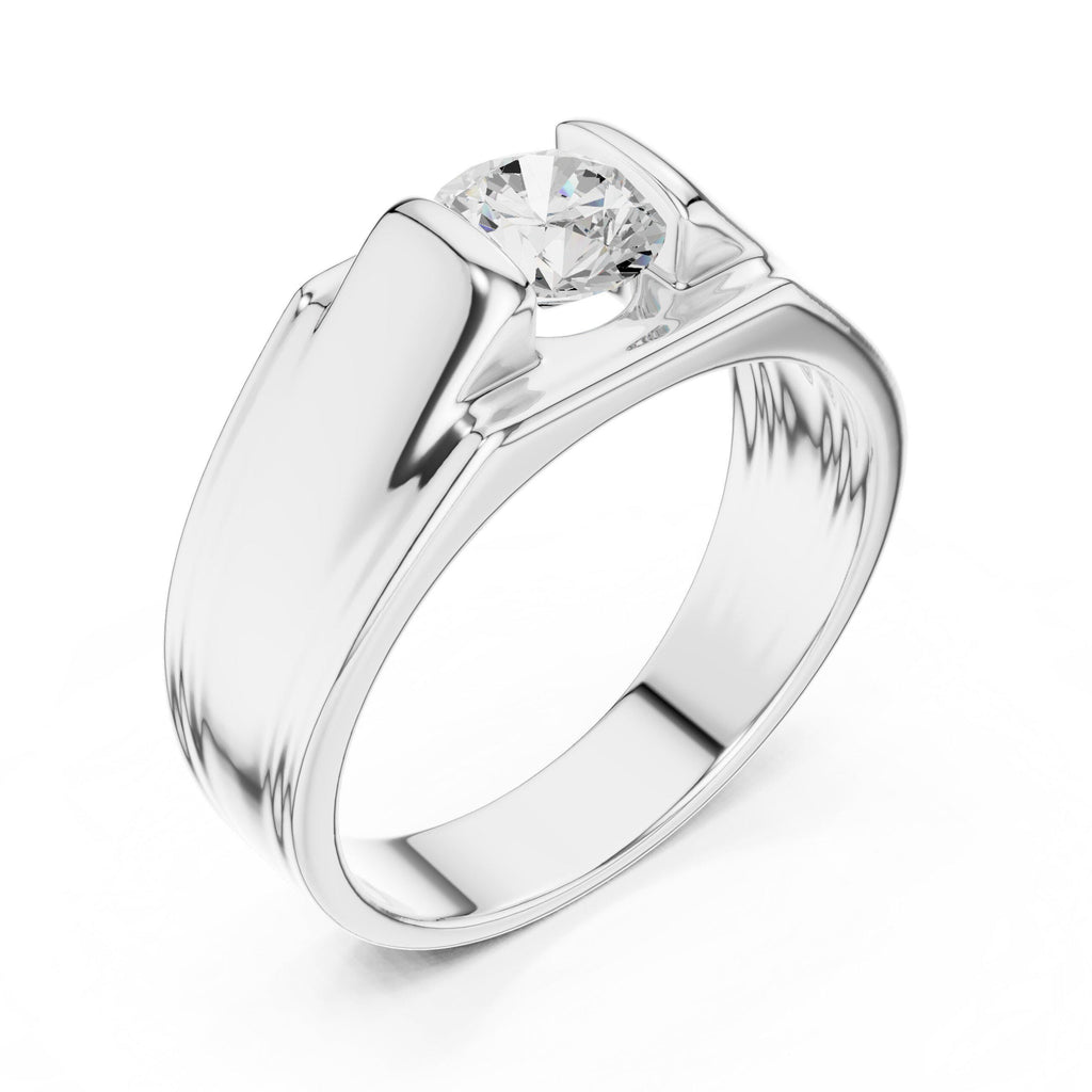 Men's Round Moissanite Ring, T-Setting with Ridged Band – 925 Sterling Silver, 18K Gold Vermeil