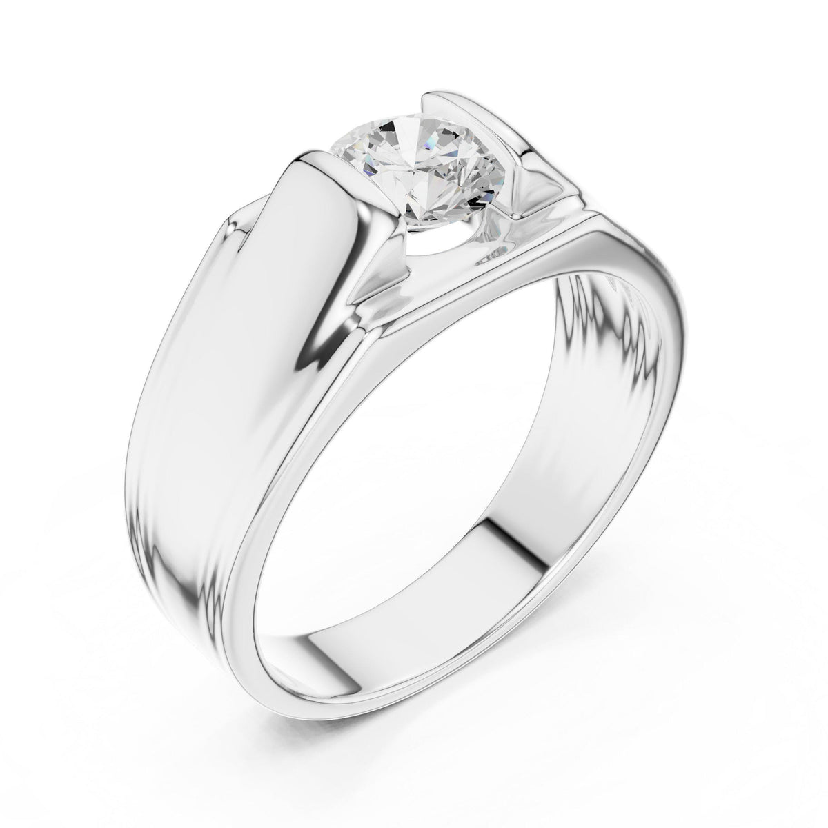 Men's Round Moissanite Ring, T-Setting with Ridged Band – 925 Sterling Silver, 18K Gold Vermeil