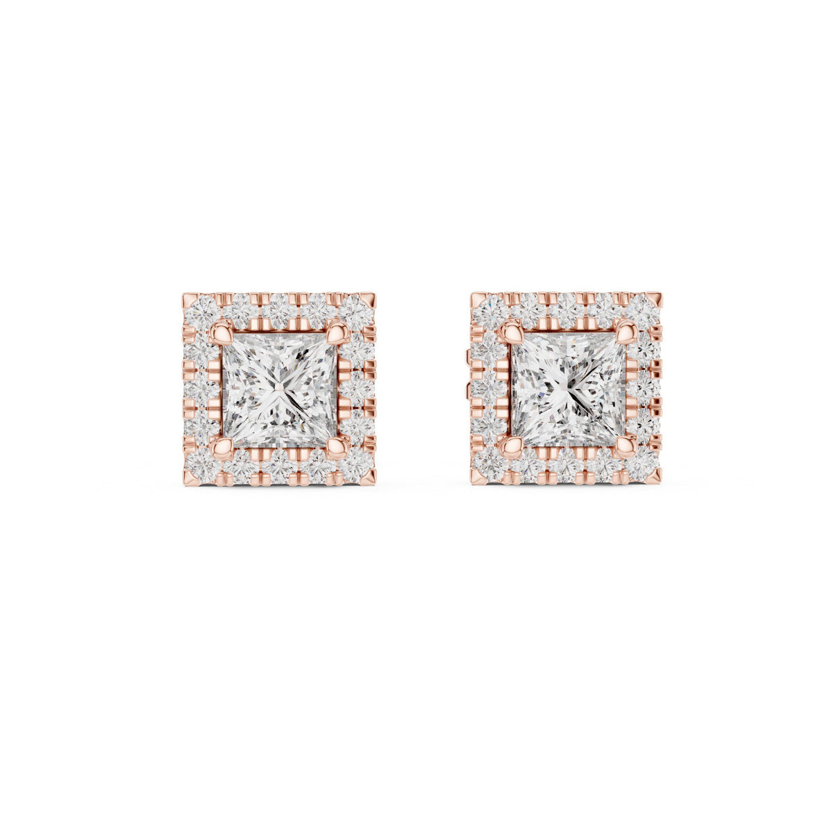 Princess Moissanite Square Halo Stud Earrings – 925 Sterling Silver, 18K Gold Vermeil