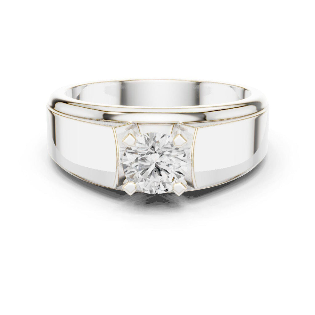 Men's Round Moissanite Four-Prong Ring, Wide Flat Band – 925 Sterling Silver, 18K Gold Vermeil