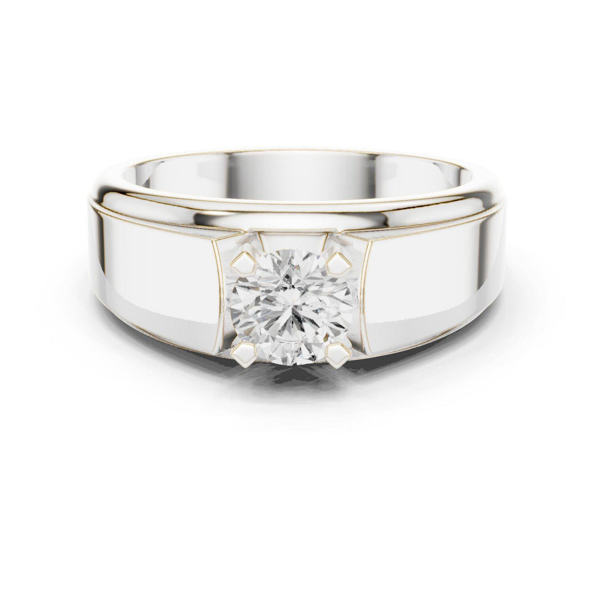 Men's Round Moissanite Four-Prong Ring, Wide Flat Band – 925 Sterling Silver, 18K Gold Vermeil