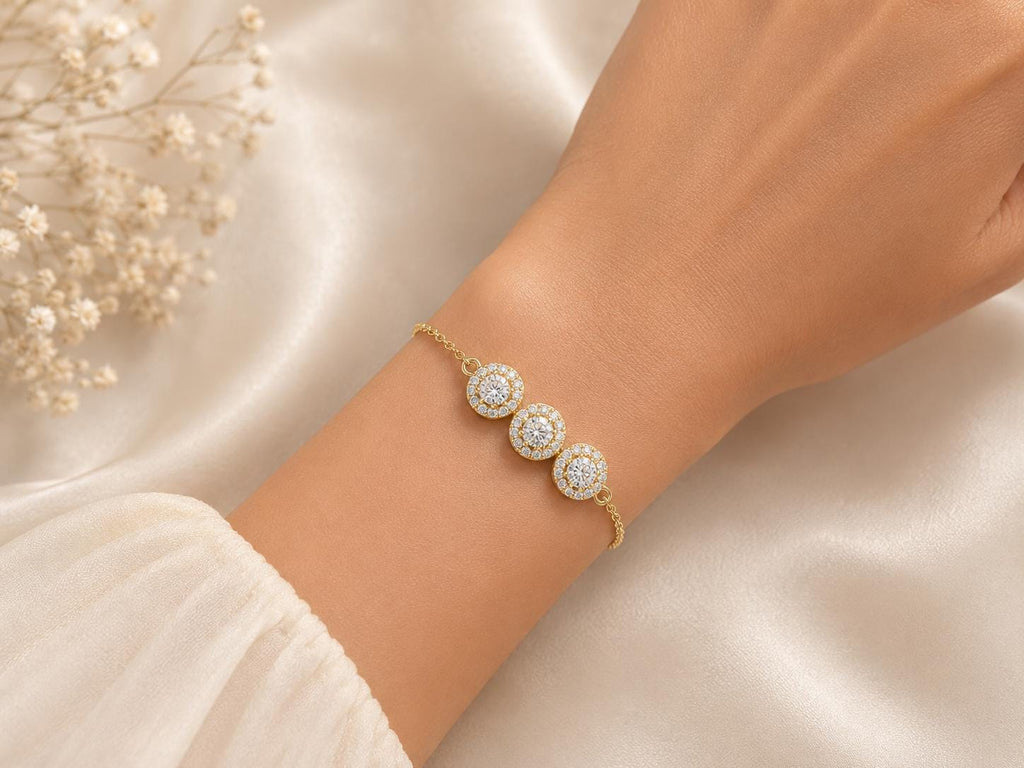 Triple-Halo Round Moissanite Bracelet – 925 Sterling Silver, 18K Gold Vermeil