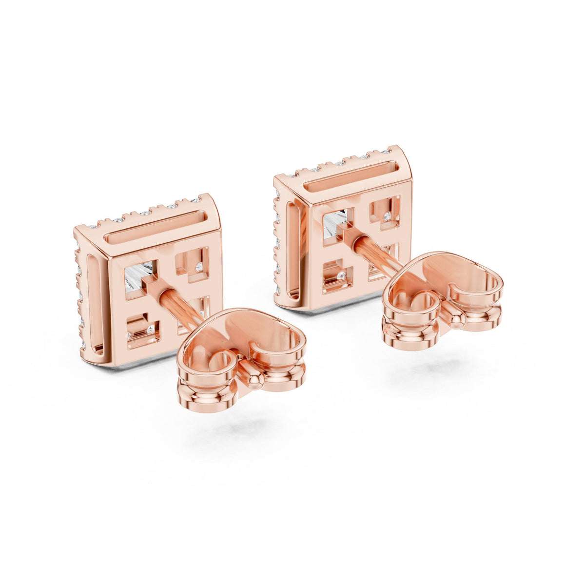 Princess Moissanite Square Halo Stud Earrings – 925 Sterling Silver, 18K Gold Vermeil