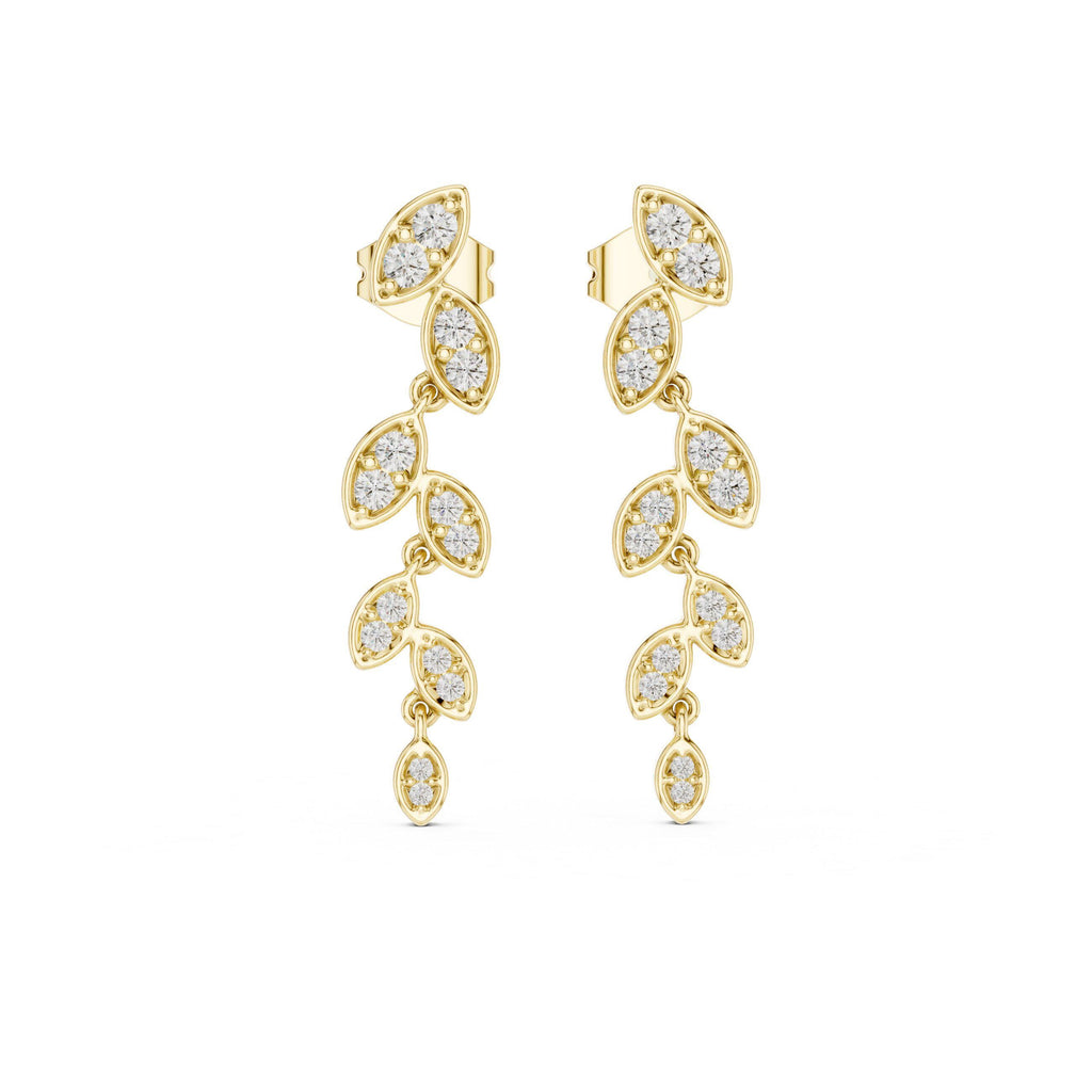 Moissanite Pavé Leaf Vine Drop Earrings – 925 Sterling Silver, 18K Gold Vermeil