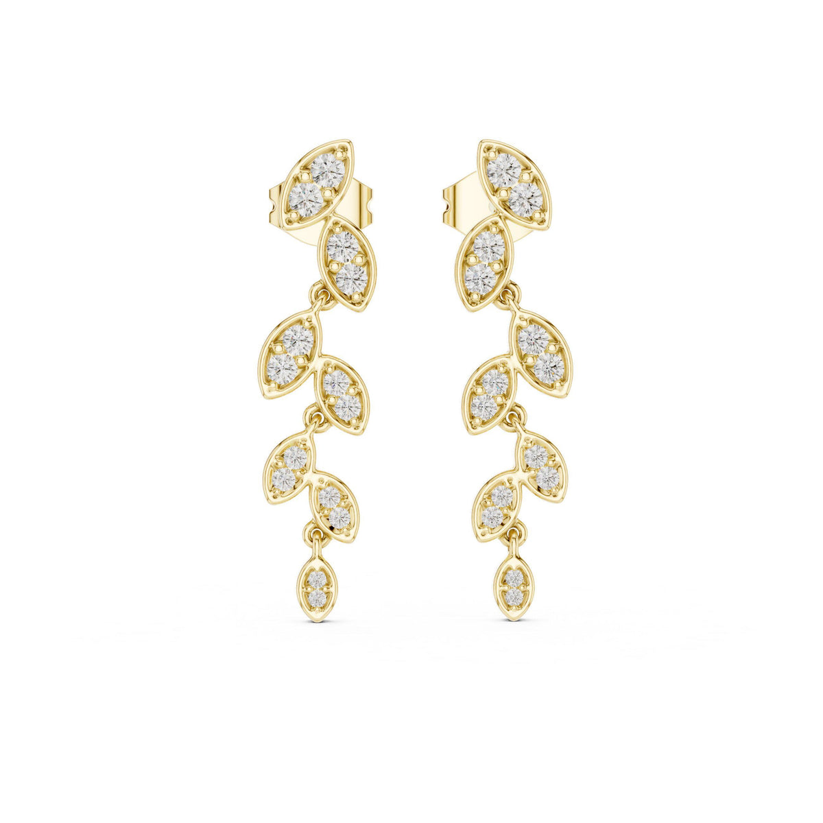 Moissanite Pavé Leaf Vine Drop Earrings – 925 Sterling Silver, 18K Gold Vermeil
