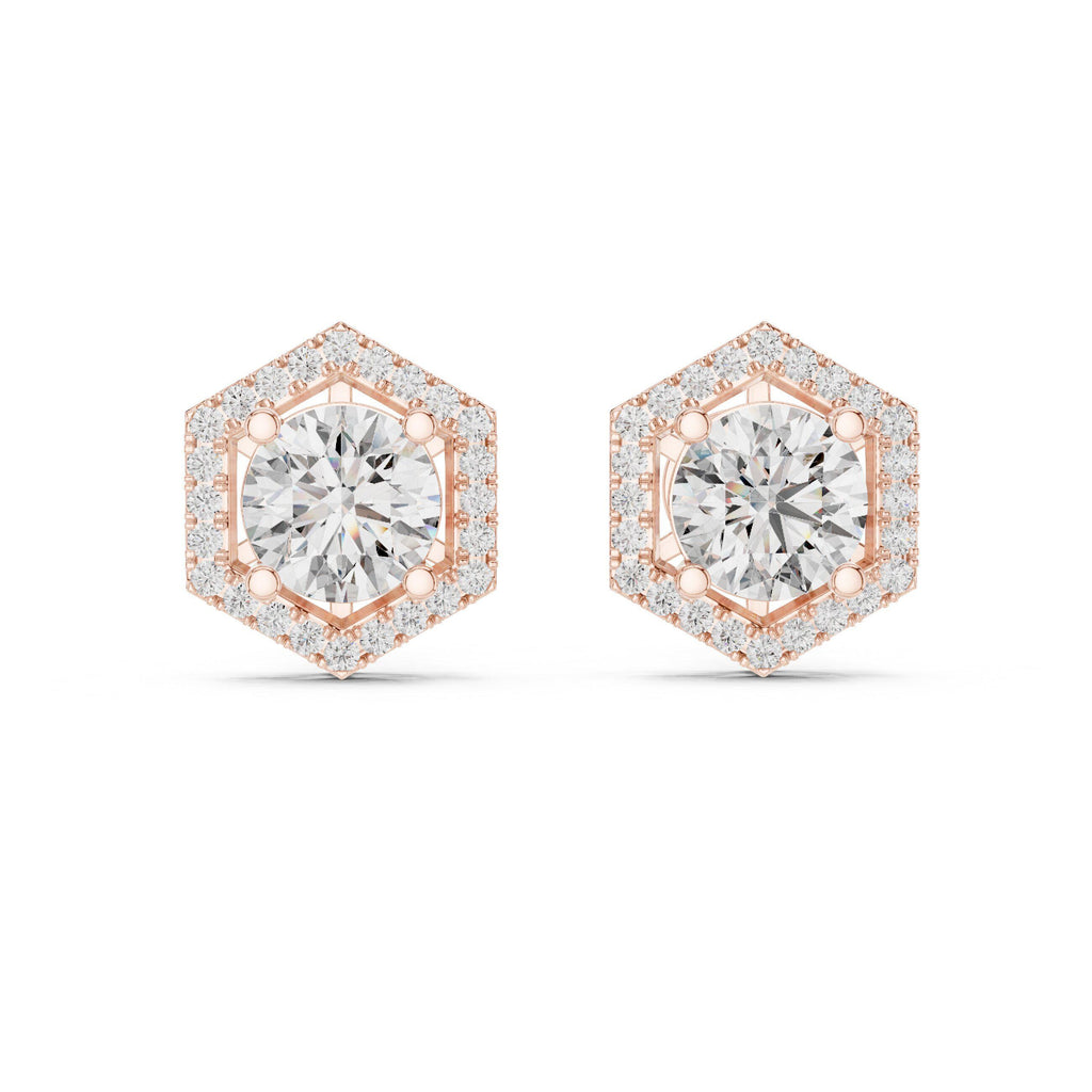 Round Moissanite Hexagon Halo Stud Earrings – 925 Sterling Silver, 18K Gold Vermeil