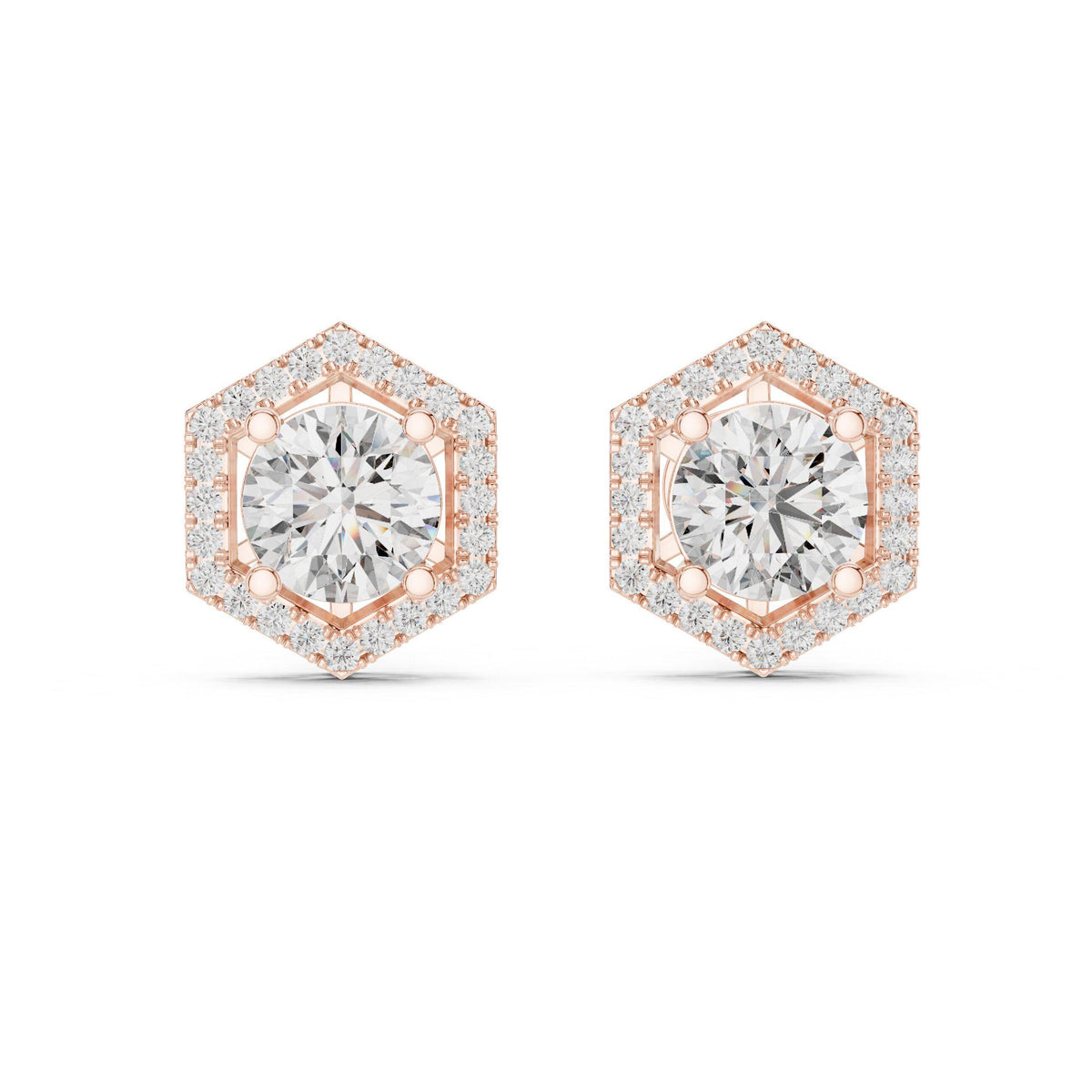Round Moissanite Hexagon Halo Stud Earrings – 925 Sterling Silver, 18K Gold Vermeil
