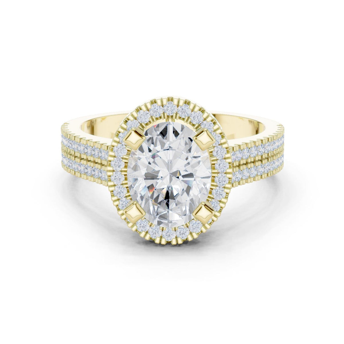 Oval Moissanite Halo Ring with Triple-Row Pavé Band – 925 Sterling Silver, 18K Gold Vermeil