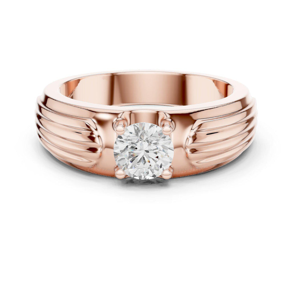 Men's Round Moissanite Solitaire Ring, Grooved Shoulders – 925 Sterling Silver, 18K Gold Vermeil