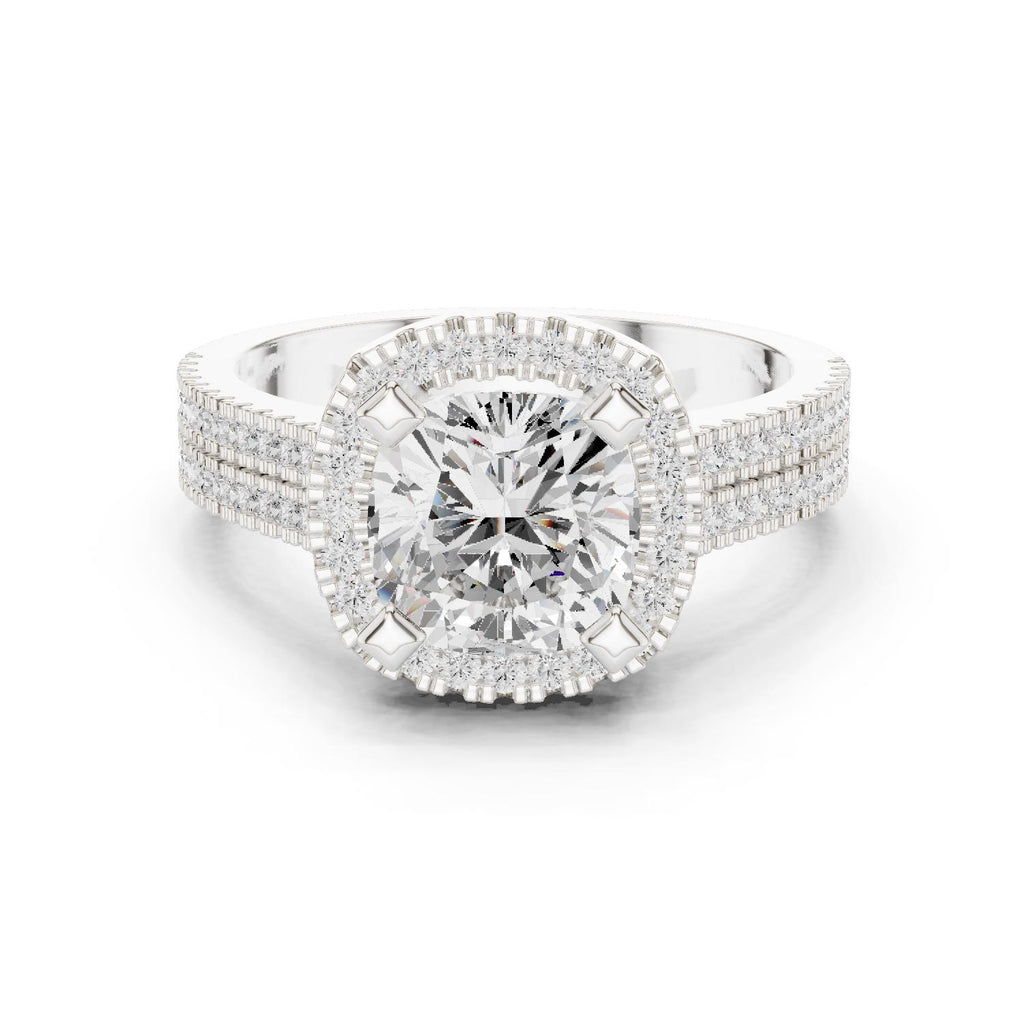 Cushion Moissanite Halo Ring with Triple-Row Pavé Band – 925 Sterling Silver, 18K Gold Vermeil
