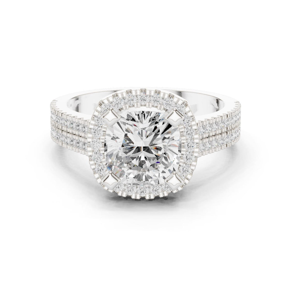 Cushion Moissanite Halo Ring with Triple-Row Pavé Band – 925 Sterling Silver, 18K Gold Vermeil