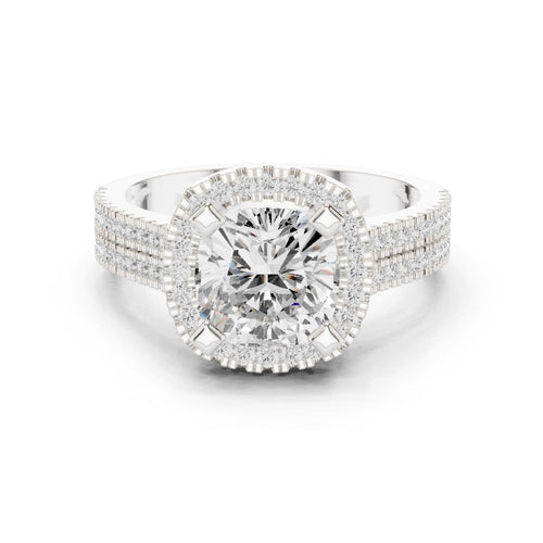 Cushion Moissanite Halo Ring with Triple-Row Pavé Band – 925 Sterling Silver, 18K Gold Vermeil