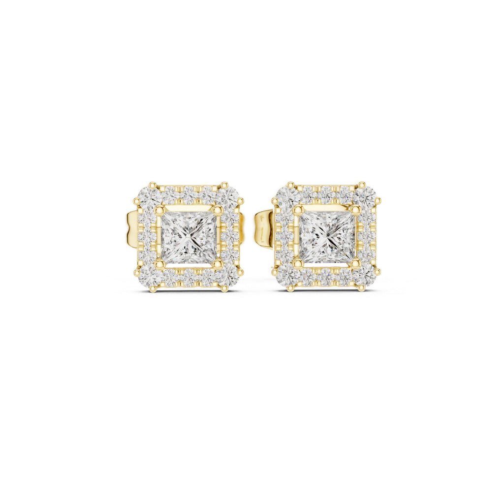 Princess Moissanite Square Halo Stud Earrings – 925 Sterling Silver, 18K Gold Vermeil