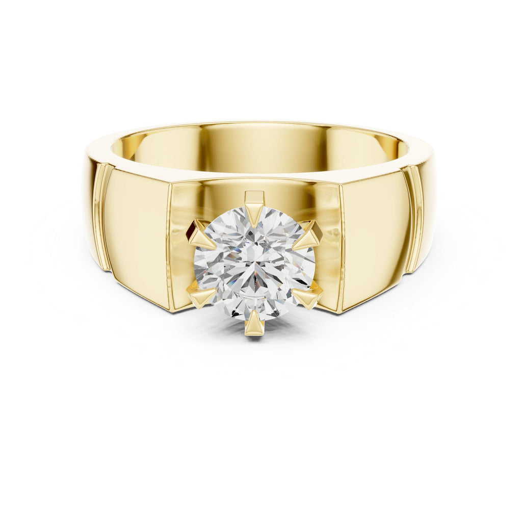 Men's Round Moissanite Ring, Angular Stepped Band – 925 Sterling Silver, 18K Gold Vermeil