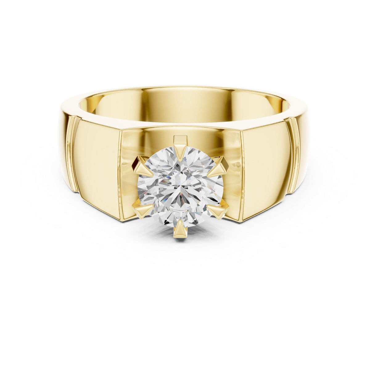 Men's Round Moissanite Ring, Angular Stepped Band – 925 Sterling Silver, 18K Gold Vermeil