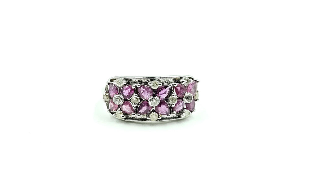 Wide Mixed-Cut Ruby & Diamond Band Ring – 925 Sterling Silver, 18K White Gold Vermeil