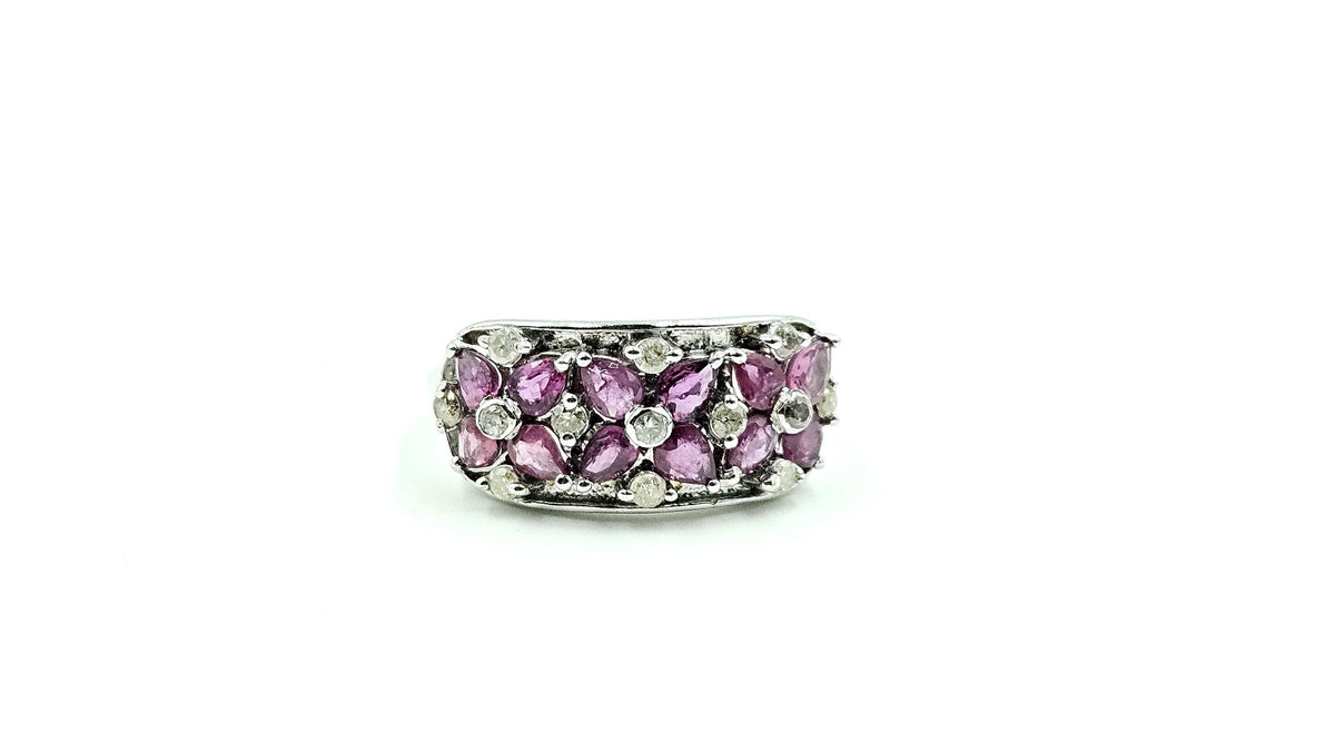 Wide Mixed-Cut Ruby & Diamond Band Ring – 925 Sterling Silver, 18K White Gold Vermeil