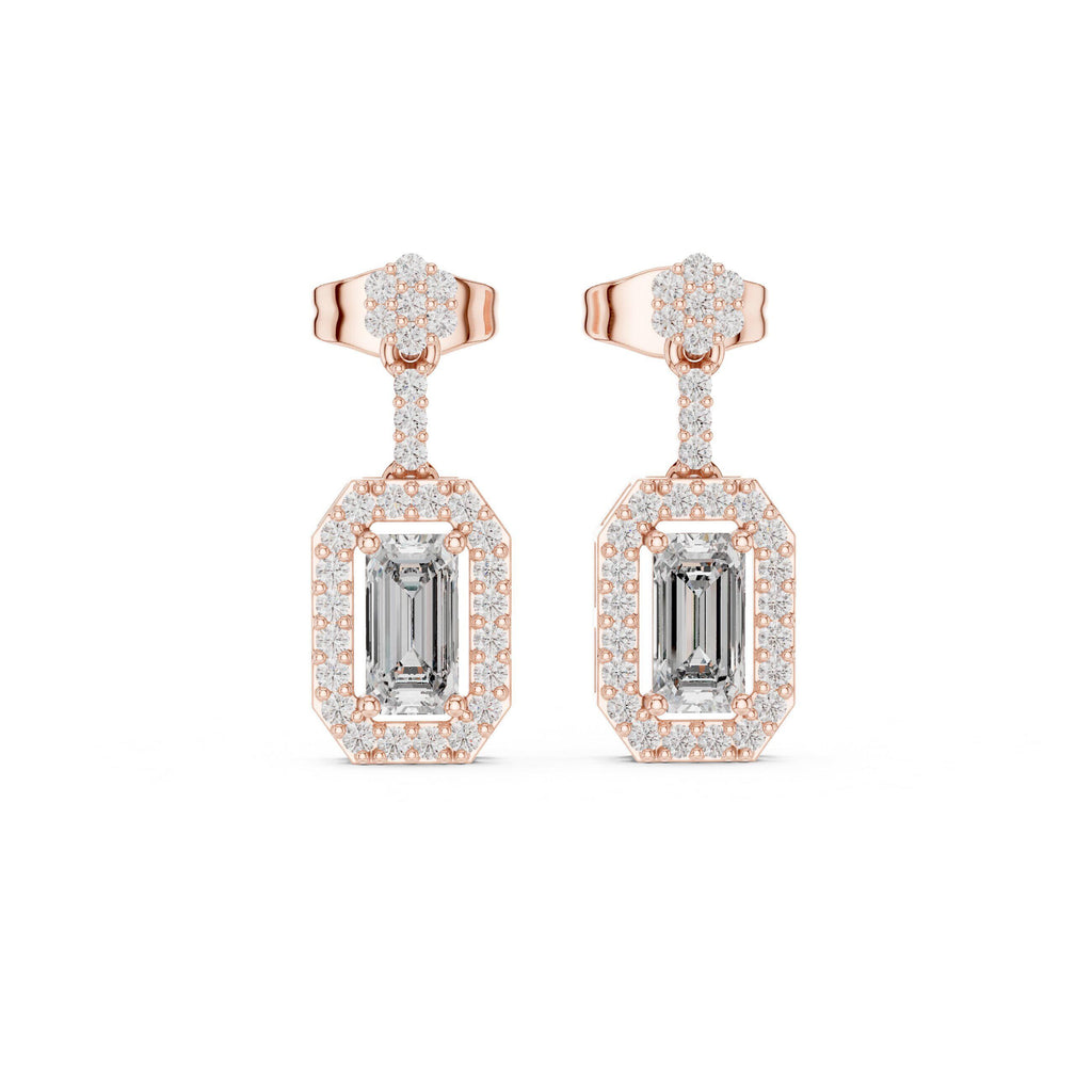Emerald-Cut Moissanite Octagon Halo Drop Earrings – 925 Sterling Silver, 18K Gold Vermeil