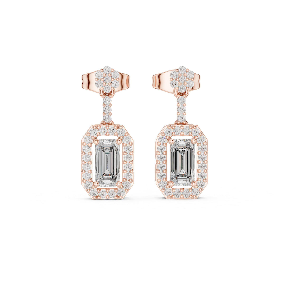 Emerald-Cut Moissanite Octagon Halo Drop Earrings – 925 Sterling Silver, 18K Gold Vermeil