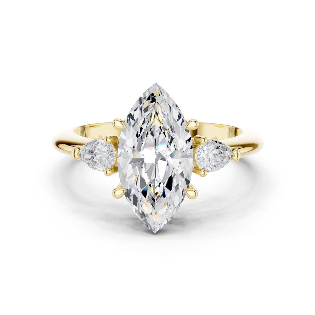 Marquise Moissanite Three-Stone Ring with Pear Side Stones – 925 Sterling Silver, 18K Gold Vermeil