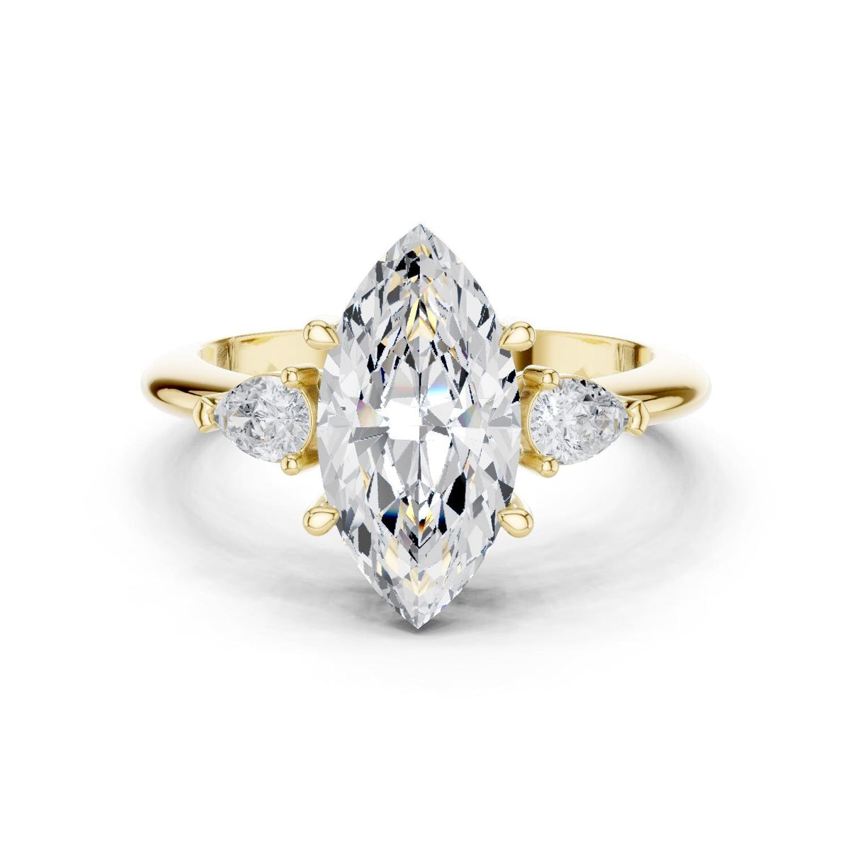 Marquise Moissanite Three-Stone Ring with Pear Side Stones – 925 Sterling Silver, 18K Gold Vermeil