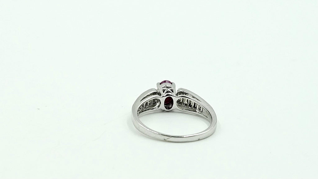 Oval Ruby & Baguette Diamond Ring – 925 Sterling Silver, 18K White Gold Vermeil
