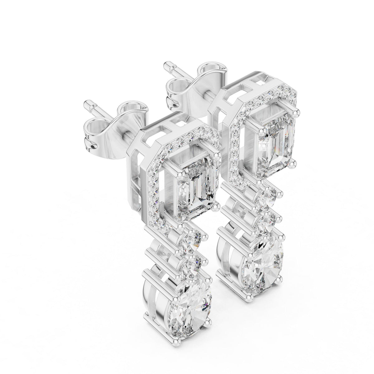 Emerald-Cut & Oval Moissanite Halo Drop Earrings – 925 Sterling Silver, 18K Gold Vermeil