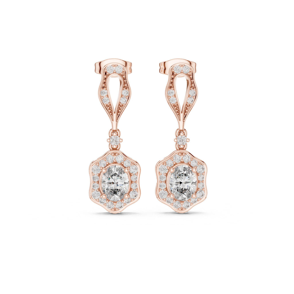 Oval Moissanite Vintage Halo Drop Earrings – 925 Sterling Silver, 18K Gold Vermeil