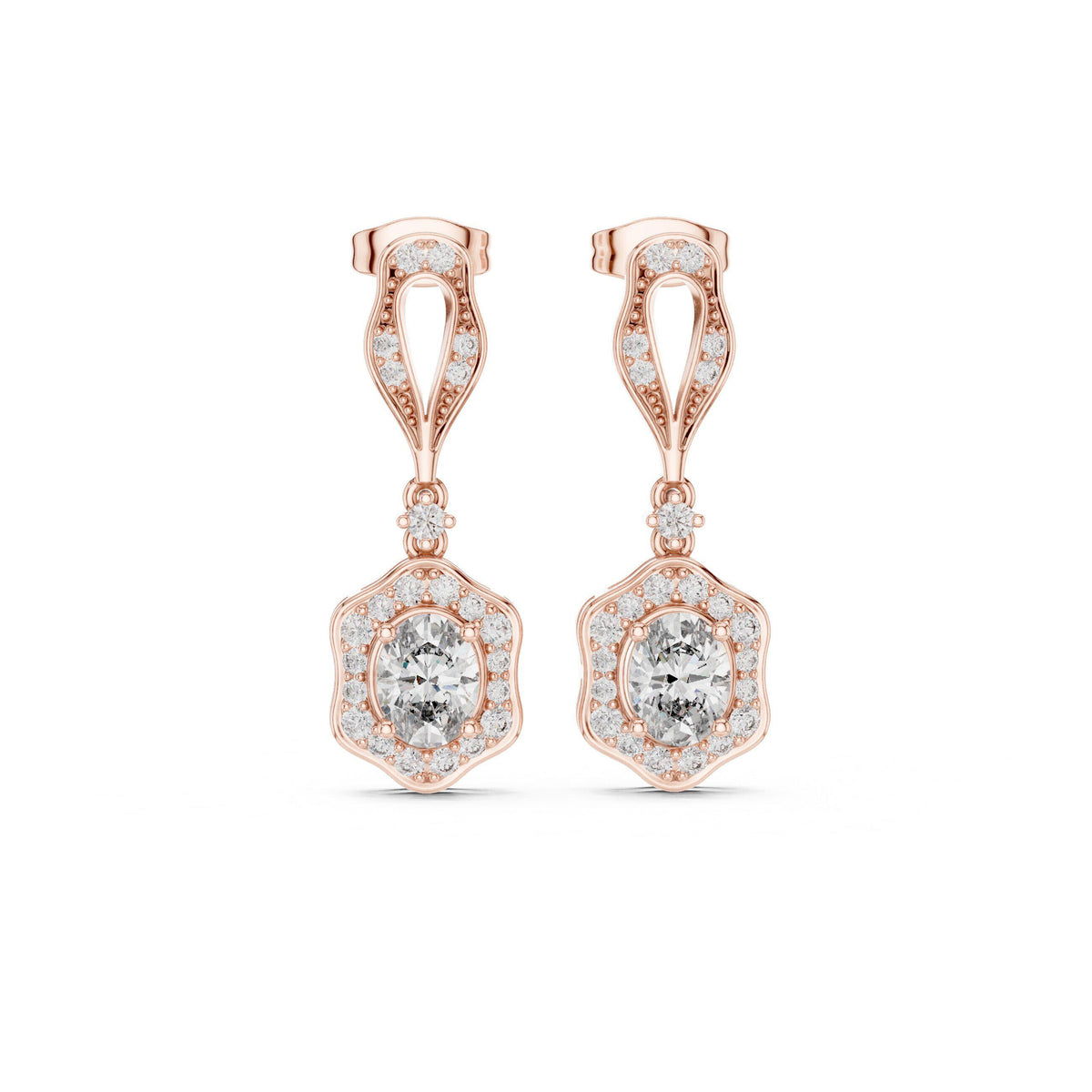 Oval Moissanite Vintage Halo Drop Earrings – 925 Sterling Silver, 18K Gold Vermeil