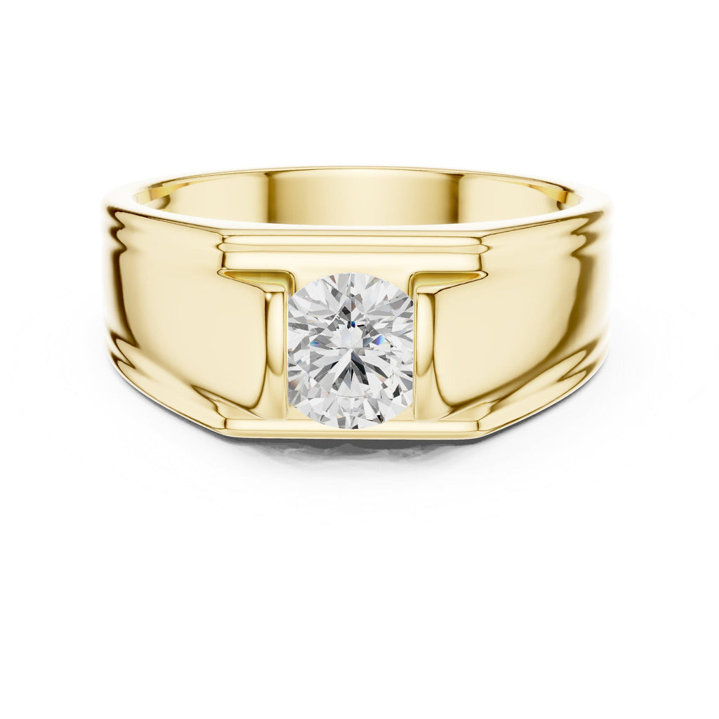 Men's Round Moissanite Ring, T-Setting with Ridged Band – 925 Sterling Silver, 18K Gold Vermeil
