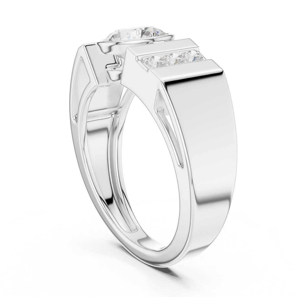 Men's Round Moissanite Ring with Pavé Side Panel – 925 Sterling Silver, 18K Gold Vermeil