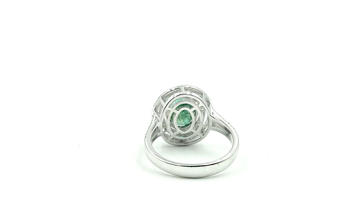 Oval Emerald Double-Halo Diamond Ring – 925 Sterling Silver, 18K White Gold Vermeil