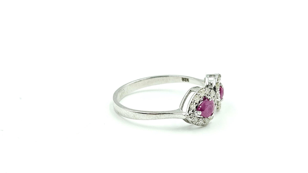 Twin Ruby Halo Open Ring – 925 Sterling Silver, 18K White Gold Vermeil