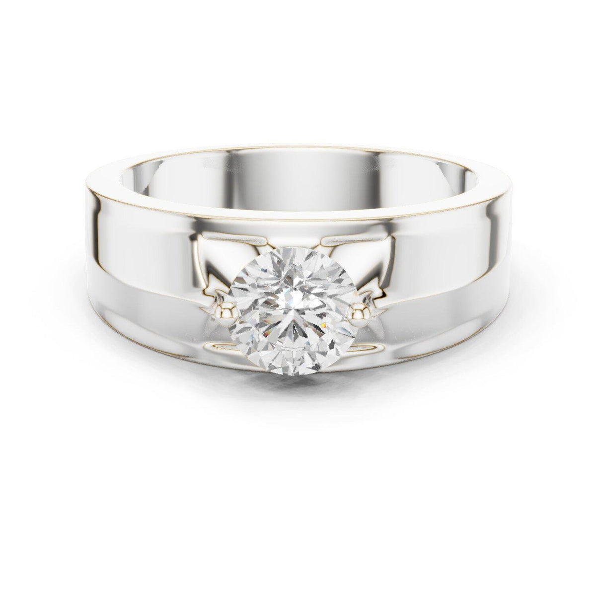 Men's Round Moissanite Ring with Winged Prongs, Flat Band – 925 Sterling Silver, 18K Gold Vermeil