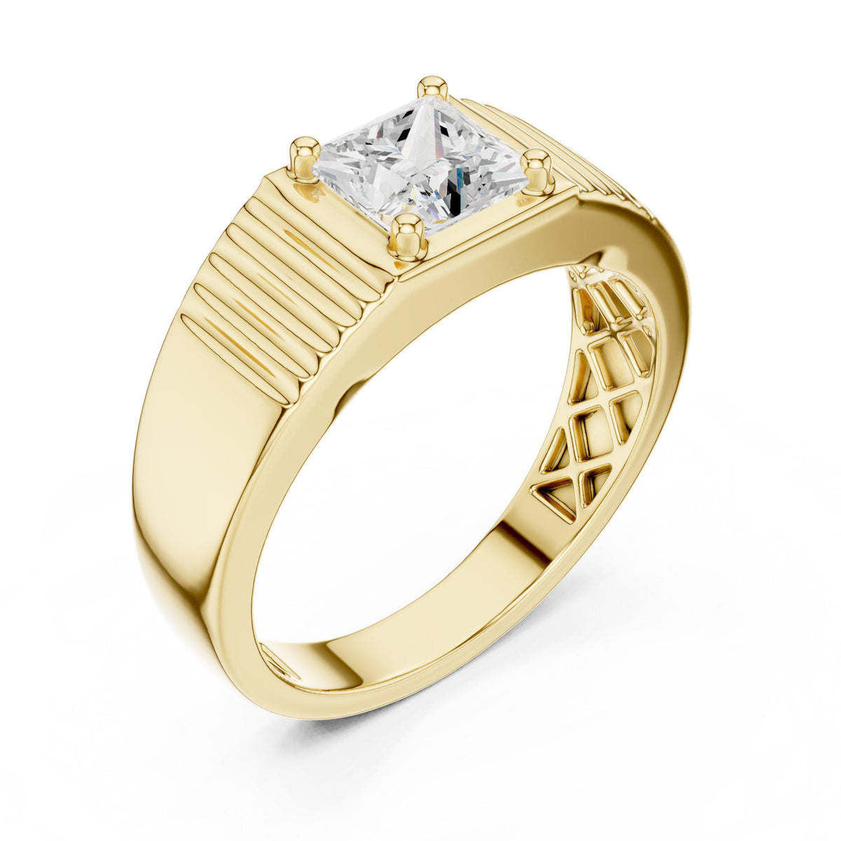 Men's Princess-Cut Moissanite Ring, Grooved Wide Band – 925 Sterling Silver, 18K Gold Vermeil