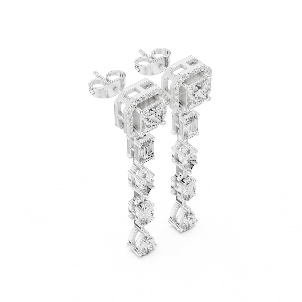 Princess Halo Moissanite Linear Drop Earrings – 925 Sterling Silver, 18K Rose Gold Vermeil