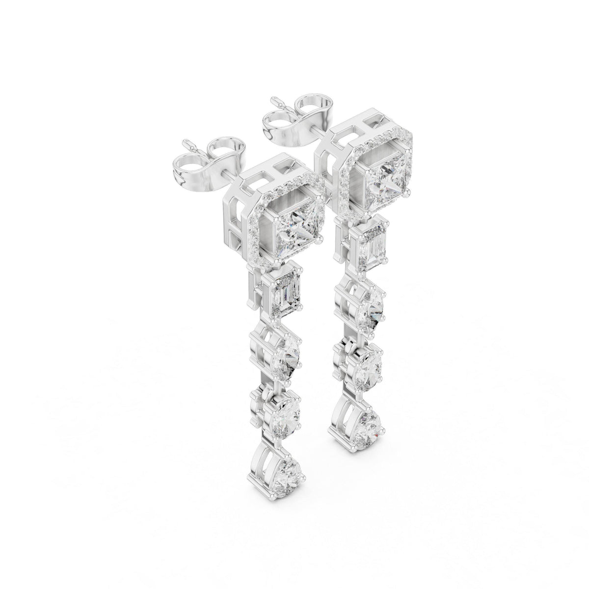 Princess Halo Moissanite Linear Drop Earrings – 925 Sterling Silver, 18K Rose Gold Vermeil
