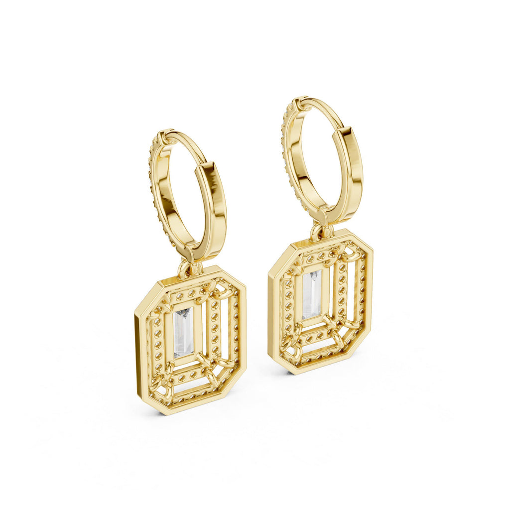 Emerald-Cut Moissanite Double-Halo Drop Earrings – 925 Sterling Silver, 18K Gold Vermeil