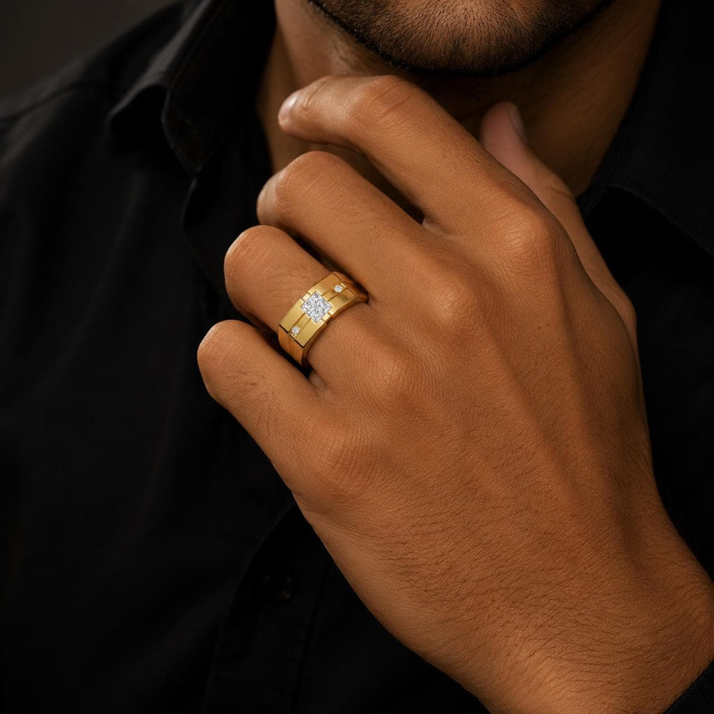 Men's Stepped-Band Moissanite Ring with Square Cluster – 925 Sterling Silver, 18K Gold Vermeil