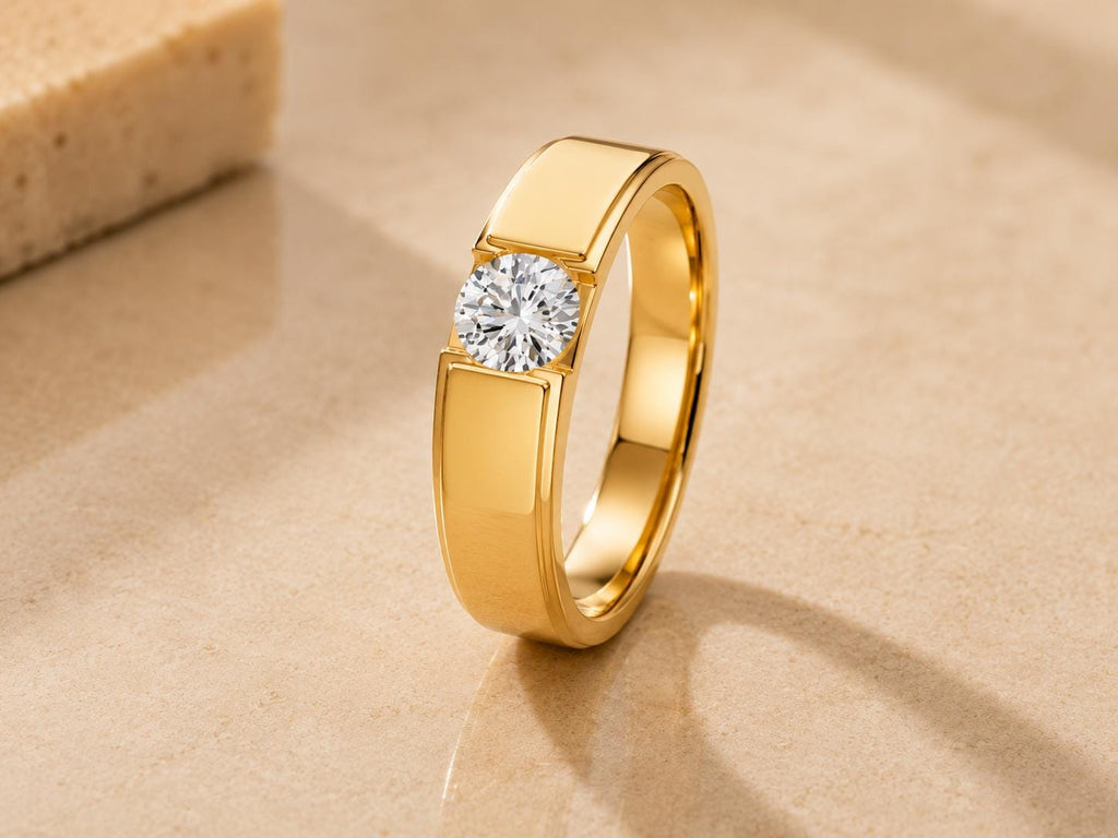 Men's 6mm Round Moissanite Ring, Modern Band – 925 Sterling Silver, 18K Gold Vermeil