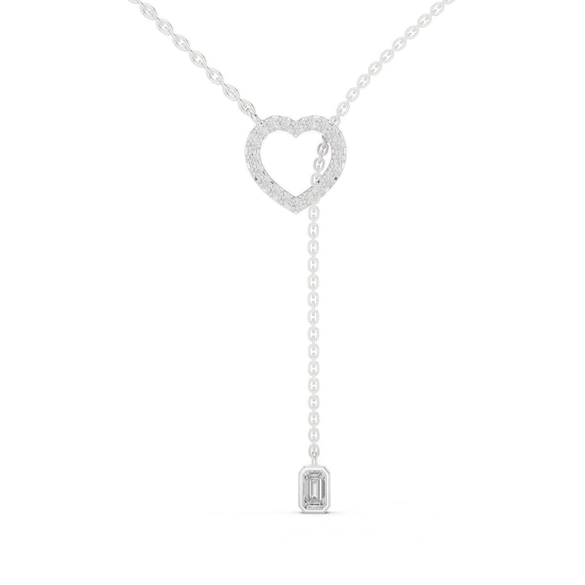 Heart Moissanite Lariat Necklace with Emerald-Cut Drop – 925 Sterling Silver, 18K Gold Vermeil