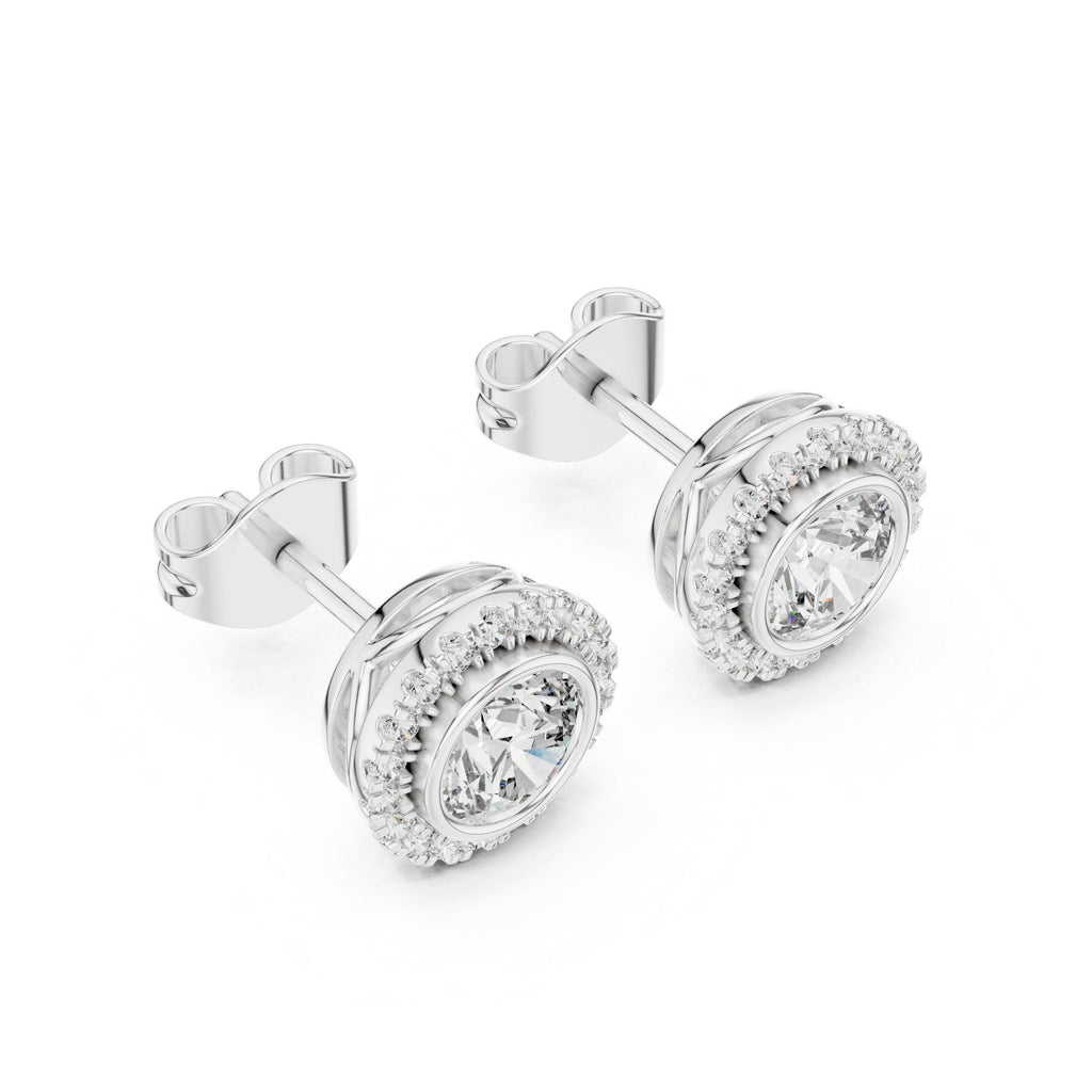 Round Moissanite Bezel Halo Stud Earrings – 925 Sterling Silver, 18K Gold Vermeil