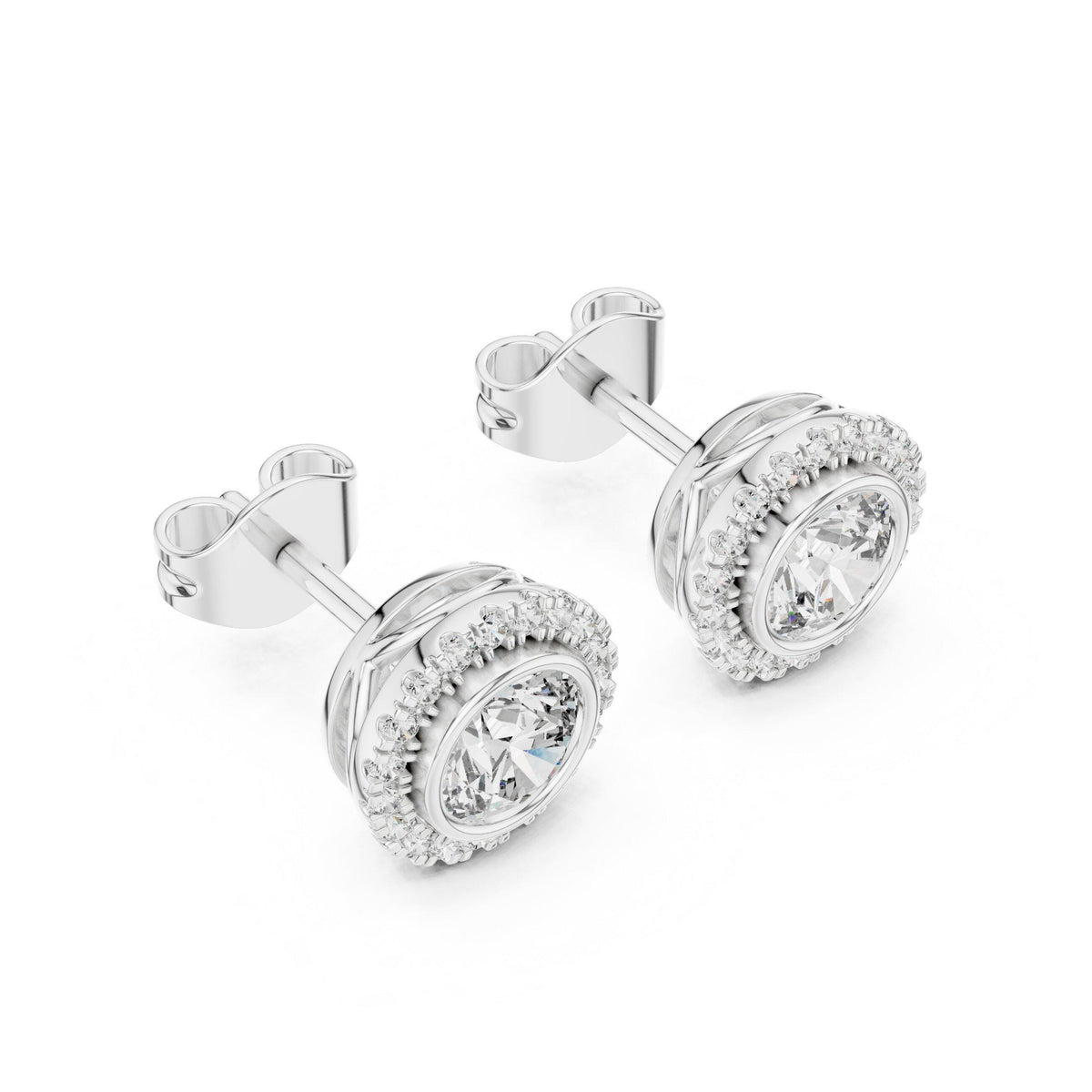 Round Moissanite Bezel Halo Stud Earrings – 925 Sterling Silver, 18K Gold Vermeil