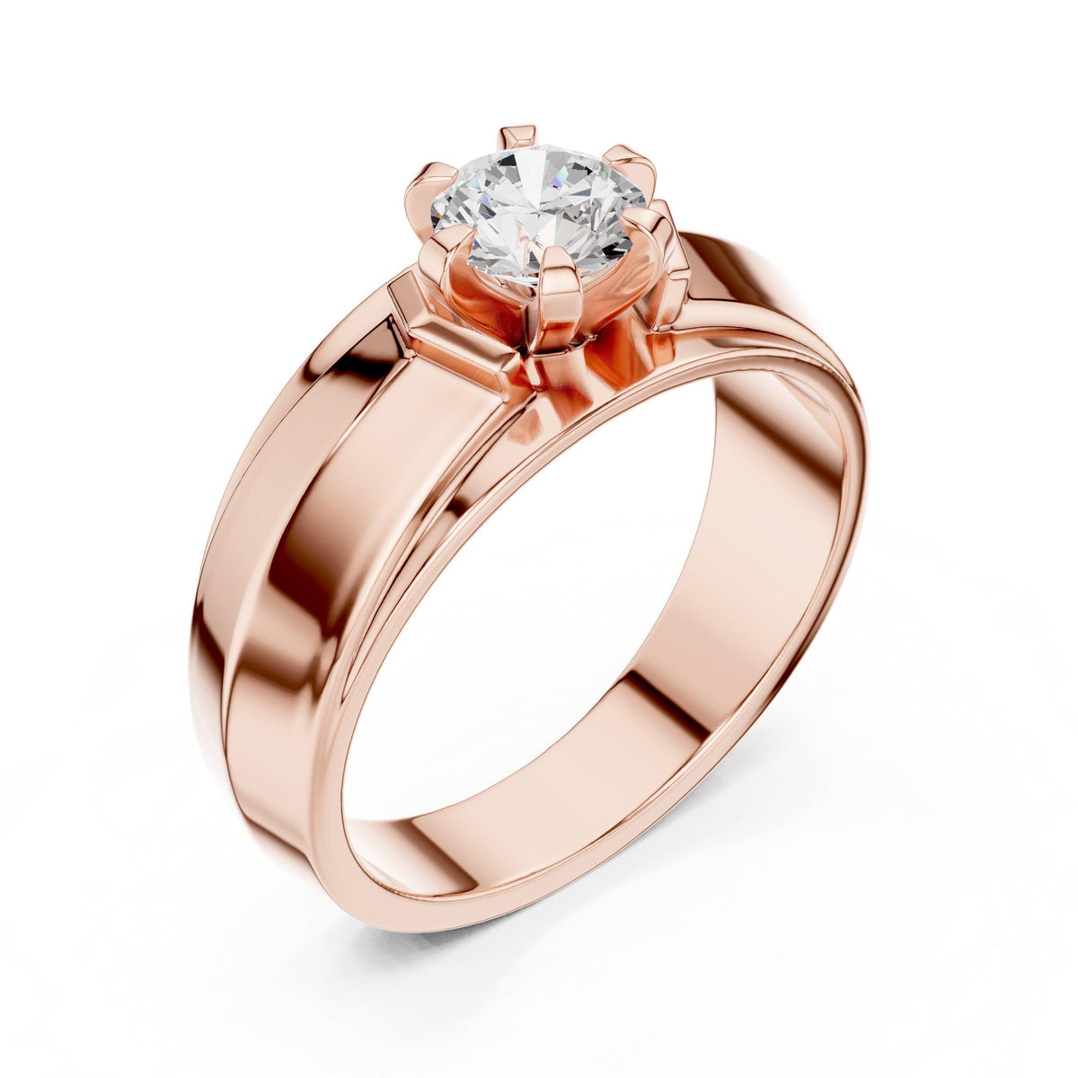 Men's Round Moissanite Ring, Split Angled Band – 925 Sterling Silver, 18K Gold Vermeil